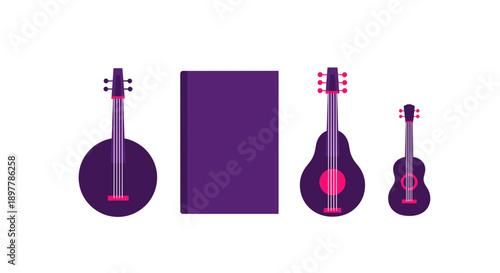 Collection of stylized purple string instruments including a banjo acoustic guitar and ukulele alongside a blank rectangular shape representing musical