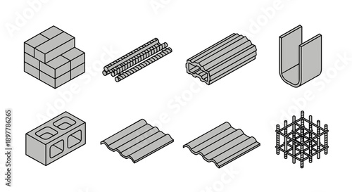 Isometric architectural construction materials and building elements collection including bricks concrete blocks rebar and corrugated sheets presented