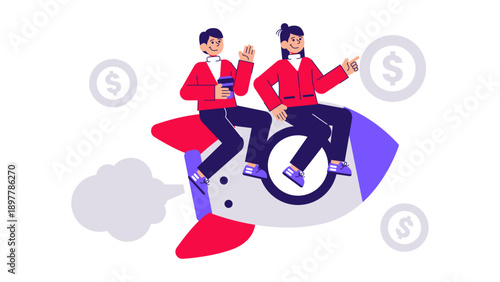 Two business professionals riding a rocket ship flying past dollar coins