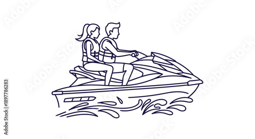 Two people wearing life vests riding a modern jet ski on a sunny day creating splashes as they speed across the water enjoying a thrilling recreational