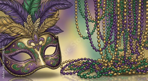 Mardi gras mask with purple green and gold beads and feathers for carnival celebration