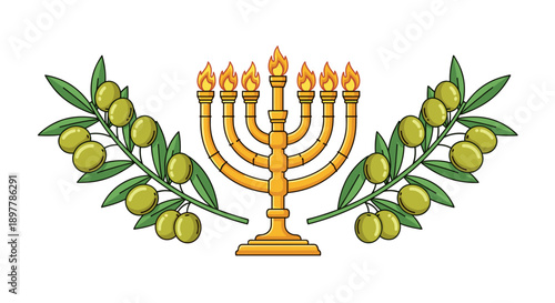 Golden menorah with seven flames and olive branches symbolizing peace faith and heritage isolated on white background representing judaism
