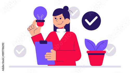 Female professional holding a clipboard and a glowing lightbulb idea with checkmarks