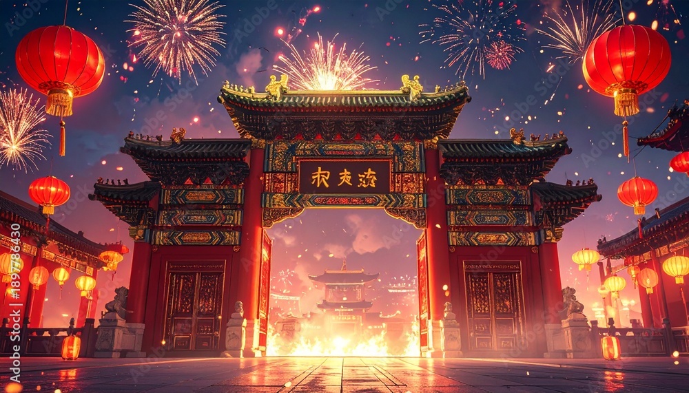 Fototapeta premium Happy Chinese New Year 2026 background, traditional palace gates with glowing red lanterns, firecrackers, golden Chinese Characters, rich ornate style”