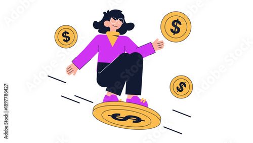 A successful woman flying through the air on a large golden dollar coin surrounded by money