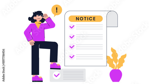 A professional woman looking at a large notice board with a checklist and exclamation mark