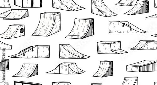 Skatepark Design, Ramps and Obstacles, Urban Setting, Illustration, Creative Viewpoint, Conceptual Art