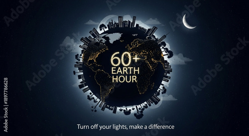 Globe with city skylines at night for earth hour campaign with moon and clouds in dark background