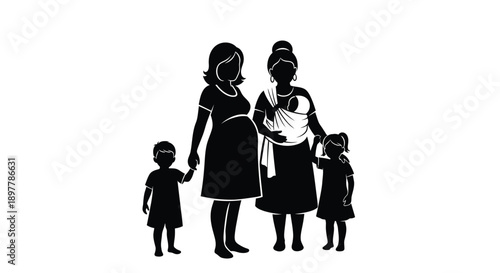 Two mothers with four children family love support unity