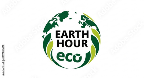 Earth hour eco logo with green globe and leaves on white background symbolizing environmental conservation and sustainability