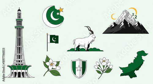 Pakistan national symbols landmarks and wildlife illustrations green and white color scheme patriotism and identity elements