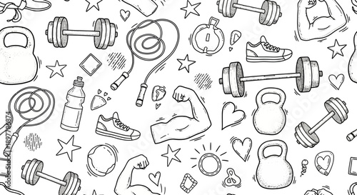 Workout Equipment Doodles, Gym Environment, Illustration Style