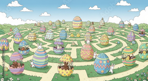 Colorful easter egg maze with bunny characters and decorative eggs in a green landscape under a blue sky