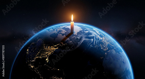 Glowing candle on earth from space at night with city lights symbolizing hope and sustainability