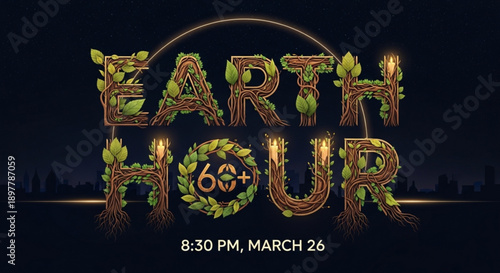 Earth hour 60 global environmental movement at 8 30 pm on march 26 with natural leafy design elements