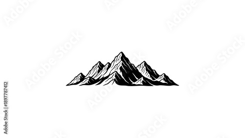 A bold, detailed black silhouette of a rugged mountain range