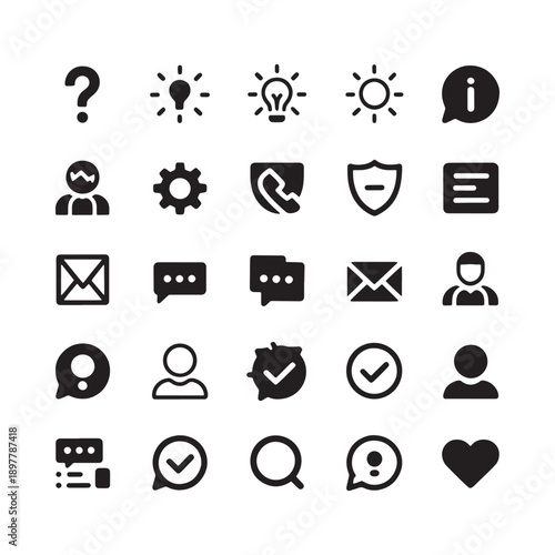 Collection of various black glyph icons representing information and communication