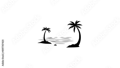 A black silhouette of two palm trees on a small island shore.