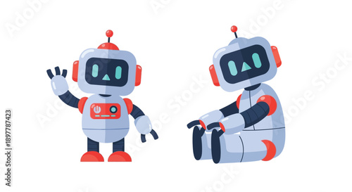 Two friendly cartoon robots waving and sitting in different poses