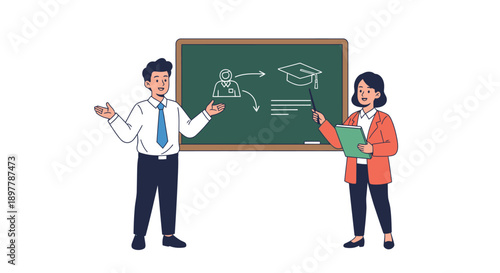 Two teachers presenting a diagram on a chalkboard during a lesson