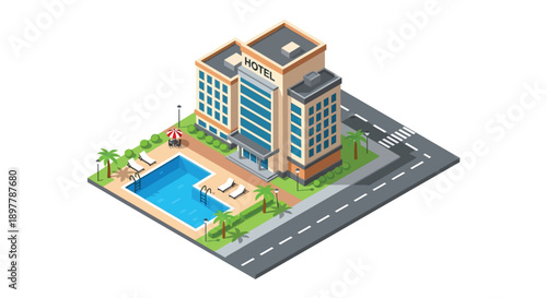 Isometric illustration of a modern hotel with a swimming pool and palm trees