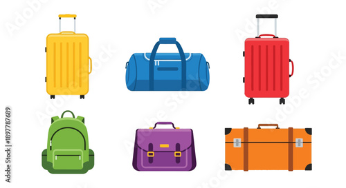 Colorful luggage and travel bags in a flat vector illustration
