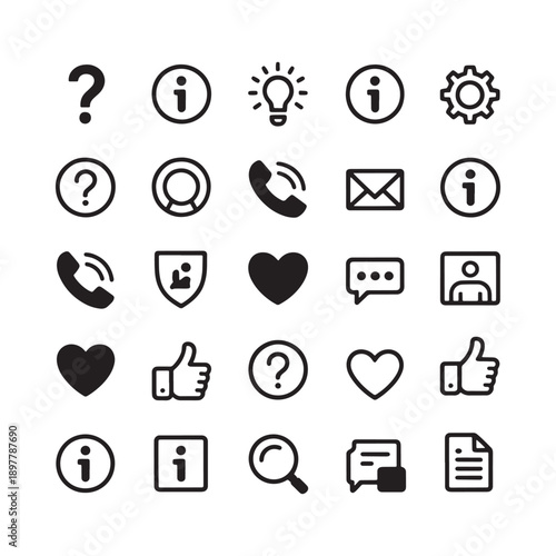 Collection of black and white outline icons representing support information and communication