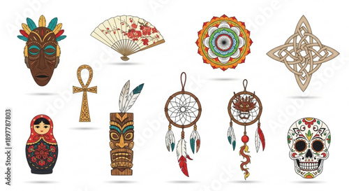 Vibrant cultural symbols and ornaments arranged on a clean white background showcasing traditional designs and patterns