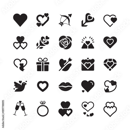 Collection of black silhouette icons representing love romance and valentine s day themes