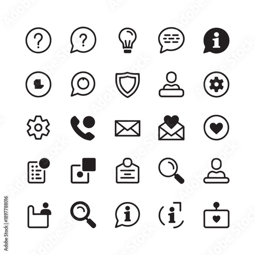 Collection of simple black and white icons representing information and communication