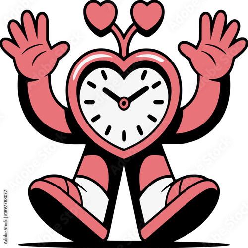 Animated Heart-Shaped Clock Character: A whimsical cartoon character shaped like a heart, incorporating a clock face, exudes charm and playfulness. The figure's dynamic pose.