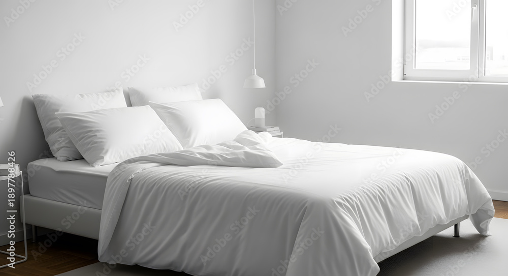 Obraz premium A bright and airy modern bedroom interior featuring a white bed with plush pillows and a window with natural light