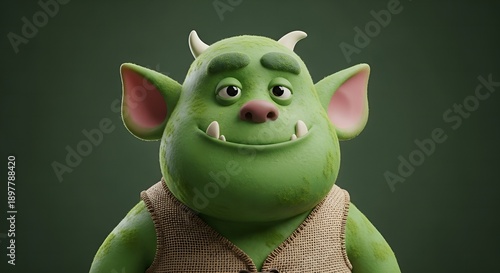 Appealing 3D Rendered Cartoonish Green Ogre with Horns and Vest Character