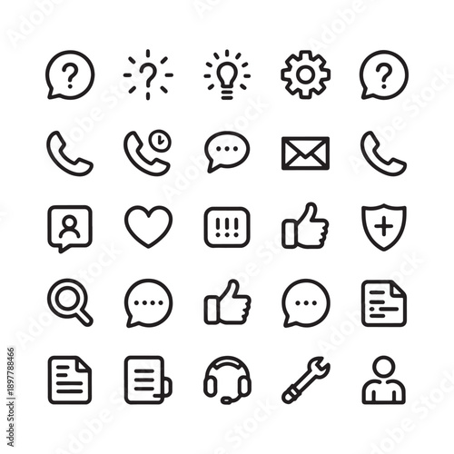 Collection of diverse black and white line icons representing communication and support