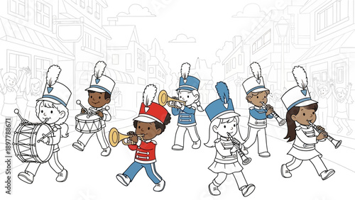 A diverse group of children in a marching band parade, playing instruments like drums, trumpets, and clarinets, with a street and buildings in the background, in a coloring page style.