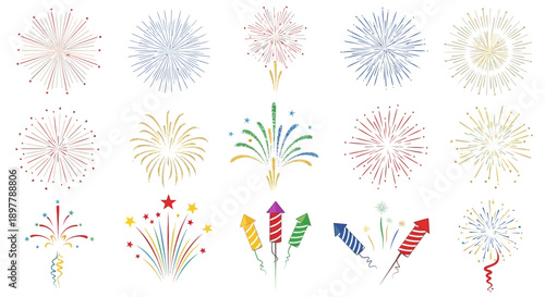 A vibrant collection of colorful fireworks explosions and rockets on a white background, perfect for celebrations and festive occasions.