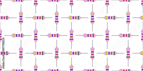 Seamless pattern of electronic resistors in pink with colorful bands on a clean white background