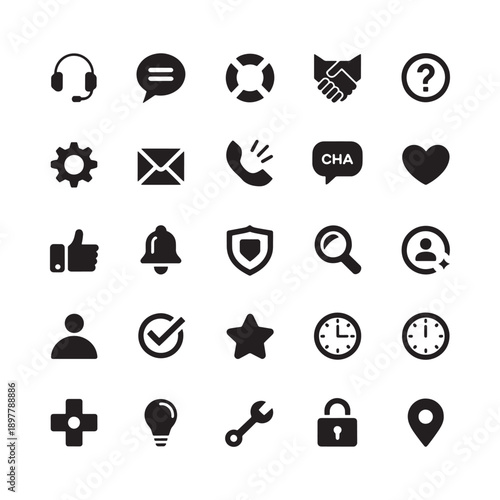 Collection of diverse black silhouette icons representing support communication and services