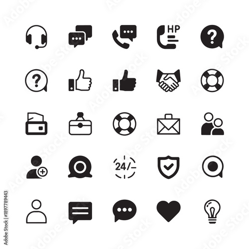 Collection of black and white communication and support icons displayed in a grid