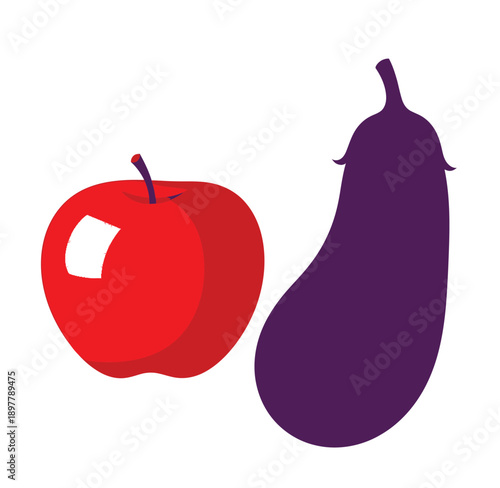 Red apple and purple eggplant on white background