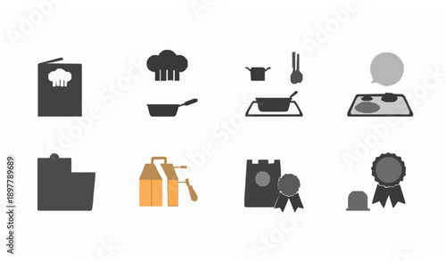 Restaurant business and service flat icon set menu chef delivery