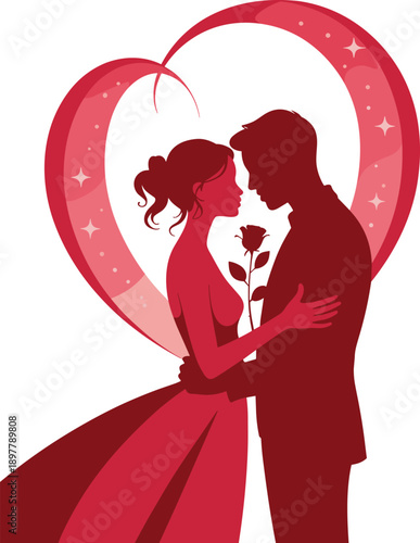 Romantic couple silhouette, man holding rose, dreamy heart background, Valentine's Day theme, red and pink tones, emotional love moment