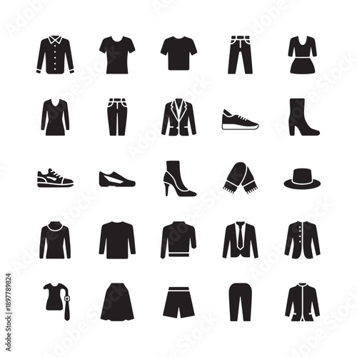 Collection of black silhouette icons representing various clothing items and accessories