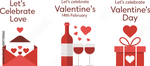 Valentine icons set, love envelope, wine bottle, romantic gift box, red hearts theme, celebration elements, romantic holiday illustration