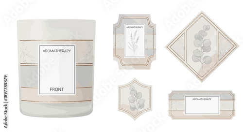 Aromatherapy Candle and Labels Set, Minimalist Design, Botanical Elements