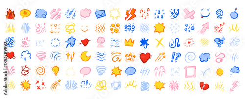 Line movement color icons expression comic effect, cartoon and arrow element draw. Doodle manga emphasis with star bubble boom and sigh icon hand. Emotion motion line with speed mark comic and outline