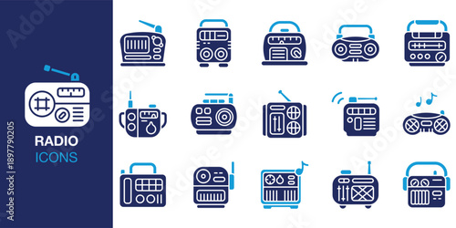 Radio Icon set. Containing tuner, antenna, speaker, sound, playlist, retro and more. Solid vector icons collection. Vector illustration.