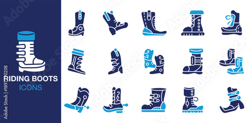 Riding Boots Icon set. Containing jockey, cowboy, western, fashion, style, classic and more. Solid vector icons collection. Vector illustration.
