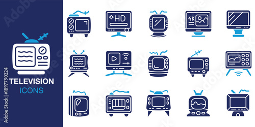 Television  Icon set. Containing media, entertainment, video, channel, remote and more. Solid vector icons collection. Vector illustration.