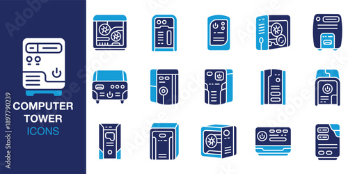 Computer Tower Icon set. Containing workstation, server, technology, electronics, processor and more. Solid vector icons collection. Vector illustration.